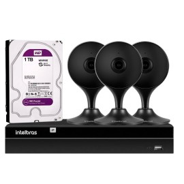   Kit 3 C�meras de Seguran�a Wifi Intelbras IA Full HD Mibo iM3 Preta + NVR 1304 Stand Alone 04 Canais 6MP Intelbras + 1 HD WD Purple 1TB